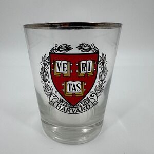 Harvard University Veritas Crest Rocks Glass Silver Rimmed‎ Lowball Tumbler